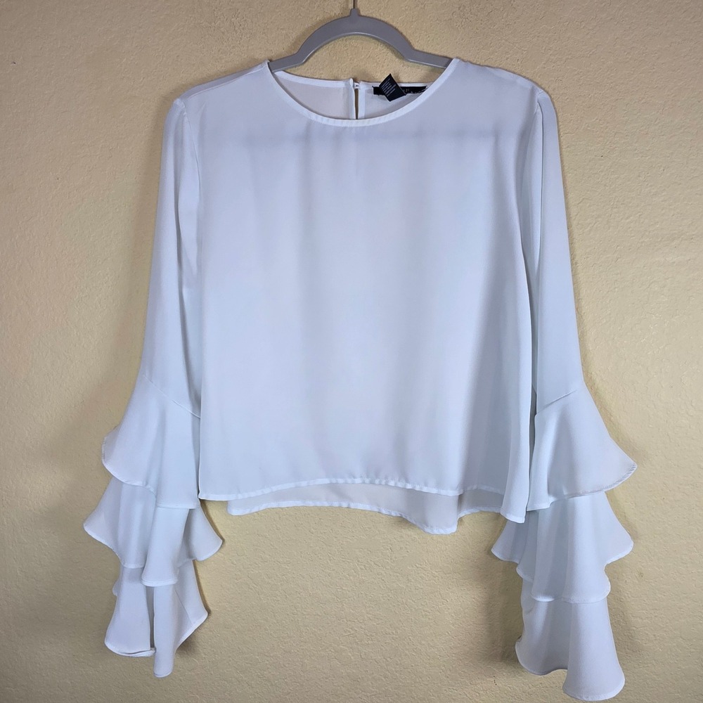 White‎ Tiered Ruffle Bell Sleeve Chiffon sheer whimsy fairy Blouse Med Top